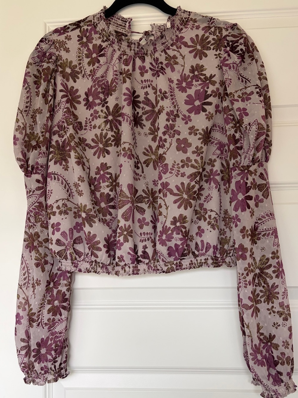 Free People Women's Boho Lavender Purple Floral Smocked-Neck Long Sleeve Top